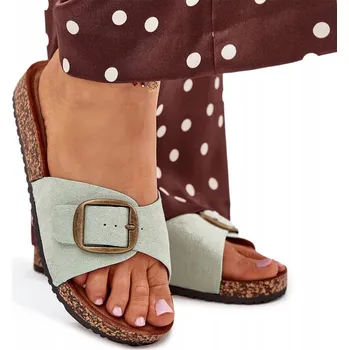 Dámské pantofle NAZOUVÁKY DÁMSKÉ EKO SEMIŠOVÉ KORKOVÁ PLATFORMA SPONA MÁTOVÁ 38