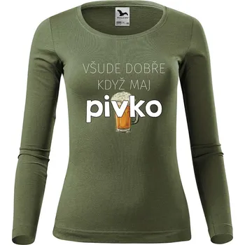 Dámské tričko DOBRÝ TRIKO Dámské bavlněné triko Všude dobře pivko Velikost: L, Barva: Khaki