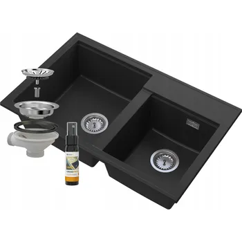 Granitový dřez DŘEZ DVOUKOMOROVÝ ČERNÝ GRANITOVÝ SIFON CHROM HEKTOR