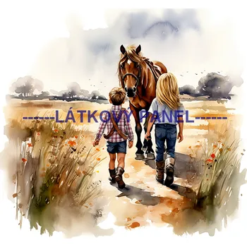 Látkový panel - Kůň a děti - KON - 100 Velikost: 20x20cm, Materiál: Teplákovina nepočesaná