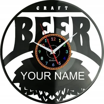Hodiny PIVO, VAŠE JMÉNO, DEKORATIVNÍ NÁSTĚNNÉ HODINY, MODERNÍ VINYLOVÁ DESKA