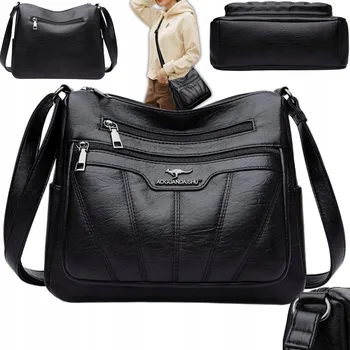 Kabelka DÁMSKÁ KOŽENÁ KABELKA PŘES RAMENO ČERNÁ ELEGANTNÍ PROSTORNÁ KOŽENÁ TAŠKA