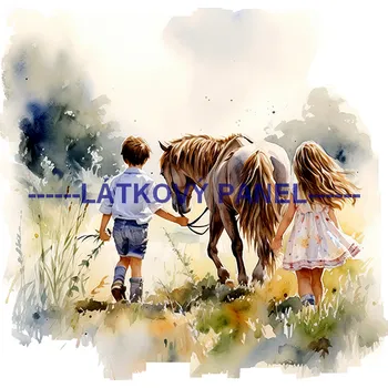 Látkový panel - Kůň a děti - KON - 95 Velikost: 15x15cm, Materiál: Kočárkovina