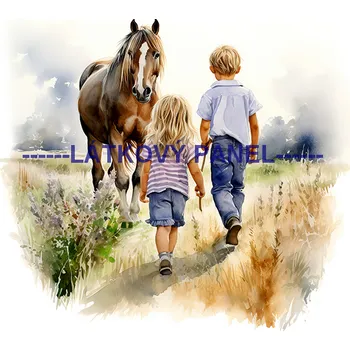 Látkový panel - Kůň a děti - KON - 103 Velikost: 15x15cm, Materiál: Kočárkovina