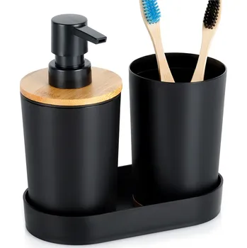Držák na kartáček Sada 3v1 do koupelny, dávkovač, kelímek, tácek, černý s bambusem VILDE