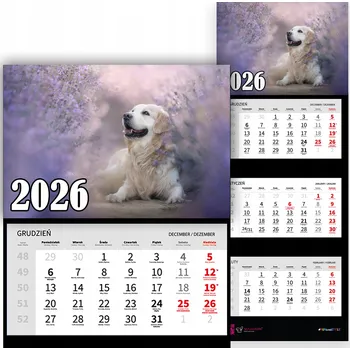 Kalendář TRÍDÍLNÝ NÁSTĚNNÝ KALENDÁŘ 2026 PES A LEVANDULE ZVÍŘATA VZORY
