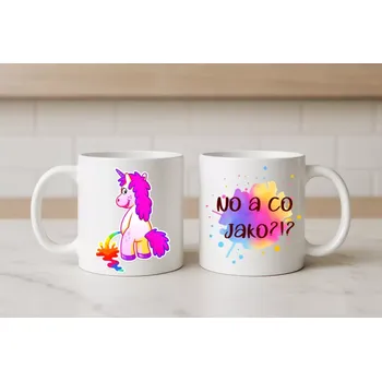 Hrnek - „No a co jako?!?“, 330 ml, keramický, bílý (Hrnek „No a co jako?!?“, 330 ml, keramický, bílý – Sarkastický jednorožec oboustranný)