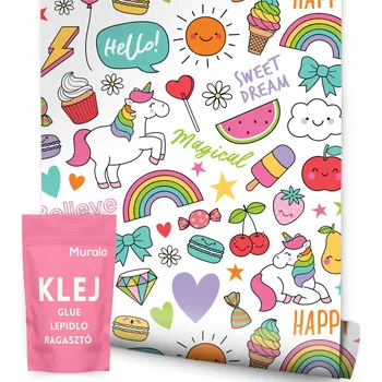 Fototapeta DĚTSKÁ TAPETA SLADKOSTI SRDÍČKA KVĚTINY ZMRZLINA OVOCE JEDNOROŽCI DUHY