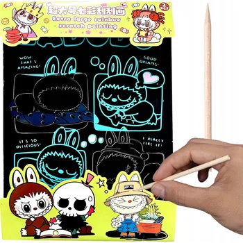 kreativní sada ŠKRÁBACÍ OBRÁZKY S DUHOVÝM PODKLADEM LABUBU ŠKRABADLO PRO DĚTI NOTES EDUKAČNÍ S RYTKOU
