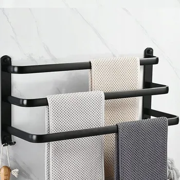 Držák na ručník Černá tyč s háčky na lepidlo Arhatreya