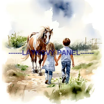 Látkový panel - Kůň a děti - KON - 101 Velikost: 15x15cm, Materiál: Kočárkovina