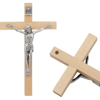 Obraz DŘEVĚNÝ KŘÍŽ z buku s figurkou Ježíše VELKÝ 25x15cm k zavěšení na zeď
