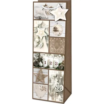 Dárková taška Taška dárková na láhev Vánoční koláž Natur 36 x 12,6 x 8,9 cm