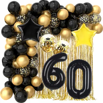 Balónek SADA BALÓNKŮ k 60. narozeninám číslice dekorace ČERNÁ ZLATÁ závěs PEVNÉ