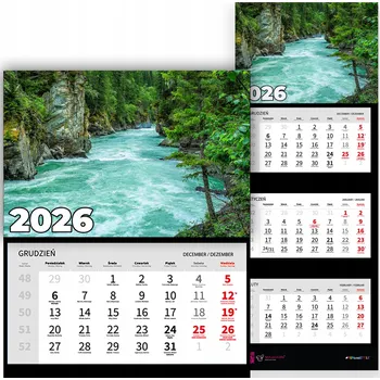 Kalendář Trojdílný kalendář na rok 2026, měsíční, nástěnný, kancelářský - Různé vzory (Řeka)