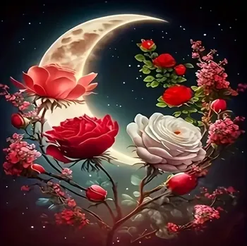 Diamantové malování 5D diamantové malování, Měsíc a růže, 20x20 cm
