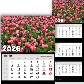 Kalendář Trojdílný kalendář na rok 2026, měsíční, kancelářský, nástěnný Tulipán - RŮZNÉ VZORY