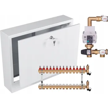 rozdělovač topení Rozdělovač pro podlahové topení 14 okruhů s oběhovým čerpadlem WILO + PEX připojovací šroubení + nástěnná skříňka