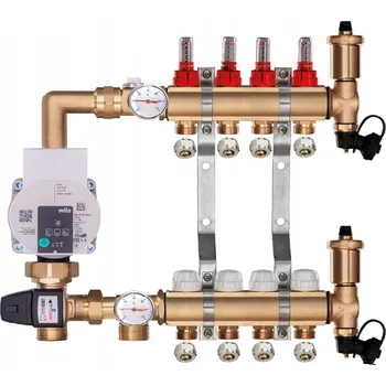rozdělovač topení Mosazný rozdělovač pro podlahové topení 4 okruhy s ČERPADLOVOU SKUPINOU WILO + PEX šroubení