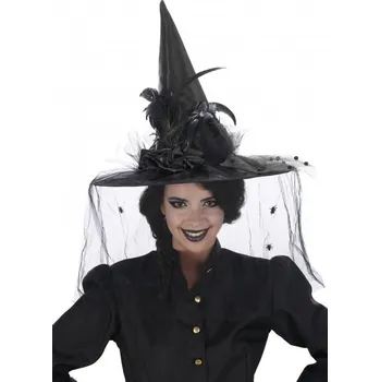 Klobouk CHAKS Klobouk čarodějnický se závojíčkem a peřím Deluxe