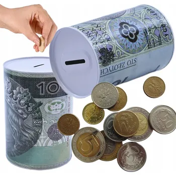 Pokladnička VELKÁ POKLADNIČKA PLECHOVÁ NA MINCE A BANKOVKY ZLOTÉ 16 CM RŮZNÉ VZORY