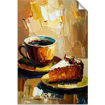 Obraz SAMOLEPÍCÍ PLAKÁT do Kanceláře nebo Salónu - Šálek Kávy a Zákusek v béžové barvě, 20x30 cm