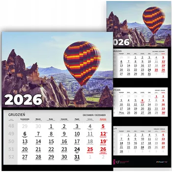 Kalendář Kalendář Trojdílný Rok 2026 Měsíční Kancelářský Nástěnný Balónky VZORY