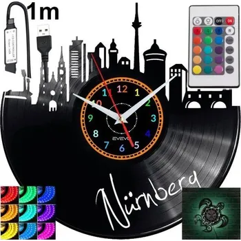 Hodiny Nurnberg Nástěnné Hodiny s LED RGB Podsvícením na Dálkové Ovládání - Vinylová Deska Moderní Design