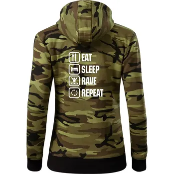 Dámská mikina Eat sleep rave repeat - Dámská mikina trendy zipper s kapucí - L ( Zelený maskáč )