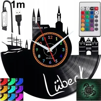 Hodiny Lübeck Nástěnné Hodiny s LED RGB Podsvícením na Dálkové Ovládání - Vinylová Deska - Moderní Design