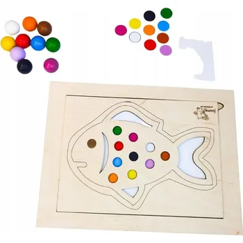 Dřevěná hračka Barevná rybka, dřevěné puzzle, učení barev, přiřazování, kuličky,