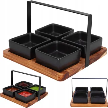 Sada na servírování svačin, omáček a dipů 5 ks: tác + keramické misky