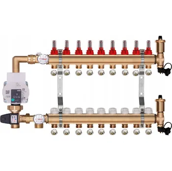 rozdělovač topení Mosazný rozdělovač pro podlahové topení 9 okruhů s ČERPACÍ SKUPINOU WILO + PEX SPOJKY