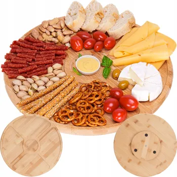 Kuchyňské prkénko OTOČNÉ PRKÉNKO PRO SERVÍROVÁNÍ SÝRŮ, UZENIN, PŘEDKRMEŮ, TALÍŘ SE 4 KOMORAMI