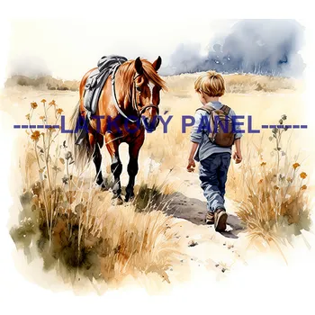 Látkový panel - Kůň a děti - KON - 120 Velikost: 30x30cm, Materiál: Bavlna