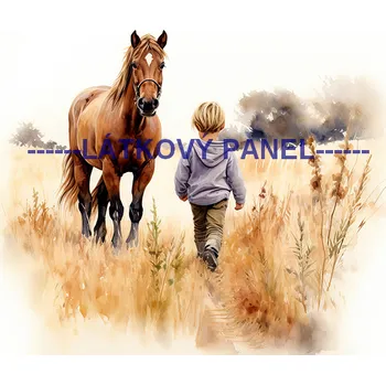Látkový panel - Kůň a děti - KON - 124 Velikost: 25x25cm, Materiál: Teplákovina nepočesaná