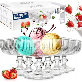 Sklenice 6 x Poháry RYFLOVANÉ skleněné na nožce na zmrzlinu na dezerty zmrzlina dezerty 270 ml