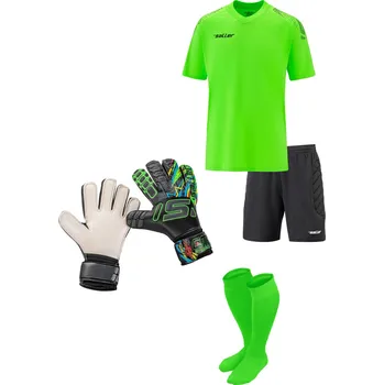 Fotbal Saller SUMMER dětský brankářský set BARVA: 205 neon zelená-černá, Velikost: 140, rukavice vel. 6 Letní brankářský komplet pro mládež – dres, šortky, stulpny a rukavice