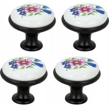 Obraz 4 x Nábytková knopka kulatá černá s keramikou a retro vzorem květiny