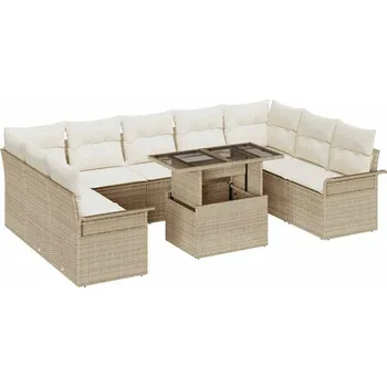 Zahradní sestava vidaXL Sada zahradních pohovek s polštářem 10 pcs Béžová Poly Ratan [3357084]