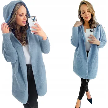 Dámský kabát Soprato dámský kabát modrý oversize s kapucí 05 zip kabát alpaka podzim zima s kapucí univerzální velikost