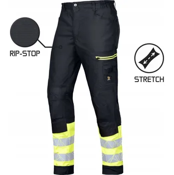 Pánské kalhoty PRACOVNÍ KALHOTY DO PASU MEGAWORK BLACK RIP STOP STRECH REFLEXNÍ BOJOVKY 54