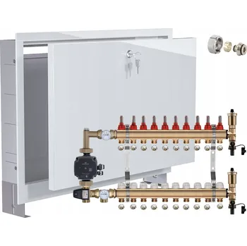 rozdělovač topení Rozdělovač pro podlahové topení 10 okruhů s GRUPĄ GRUNDFOS + PEX trubky + PODOMÍTKOVÁ SKŘÍŇKA