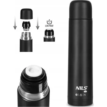 Termoska Termos 1l černý outdoorový ocelový odolný termos pro každou výpravu NILS CAMP