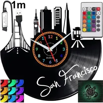Hodiny San Francisco Nástěnné Hodiny LED RGB Podsvícené Dálkovým Ovládáním Vinylová Deska