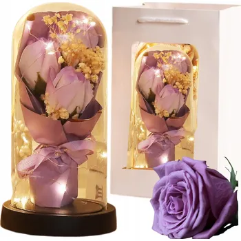 umělá květina STABILIZOVANÁ RŮŽE KRÁSNÁ KYTICE TŘÍ RŮŽÍ VE SKLE SVÍTÍCÍ LAMPA DÁREK BARVY