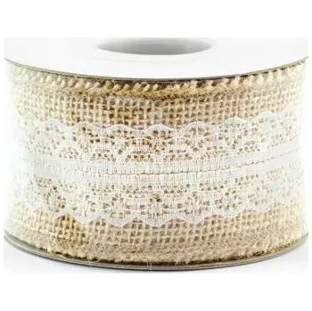 Stuha Jutová stuha s krajkou, jutová stuha s krajkou 5 cm / 5 m