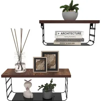 Knihovna Sada 2 dvoupatrových skládacích nástěnných polic Vasemouh ze dřeva a kovu - rustikální design do