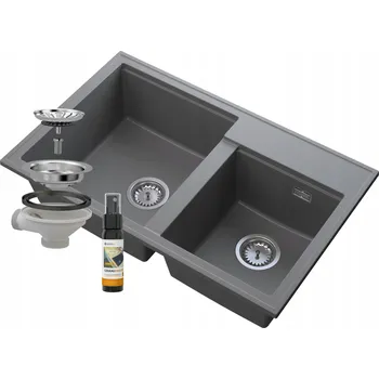 Granitový dřez ŠEDÝ DVOUKOMOROVÝ HEKTOR GRANITOVÝ DŘEZ S CHROMOVÝM SIFONEM