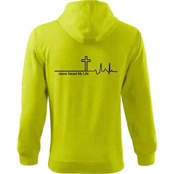 Pánská mikina Jesus Saved My Life kříž ekg - Mikina s kapucí na zip trendy zipper - 3XL ( Limetková )